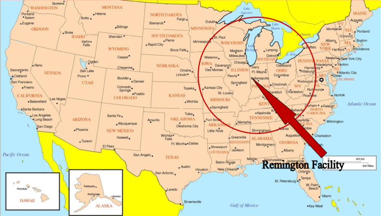 Map showing 500 miles around the Remington Facility